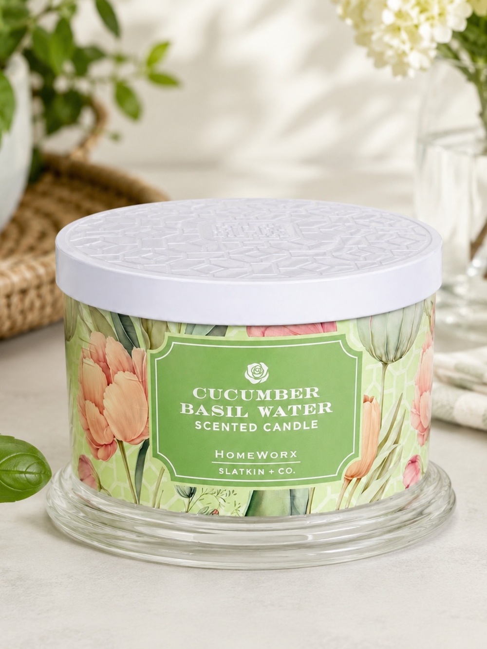 HomeWorx Slatkin Cucumber Basil Water 18oz 4-Wick Scented Candle New Gift